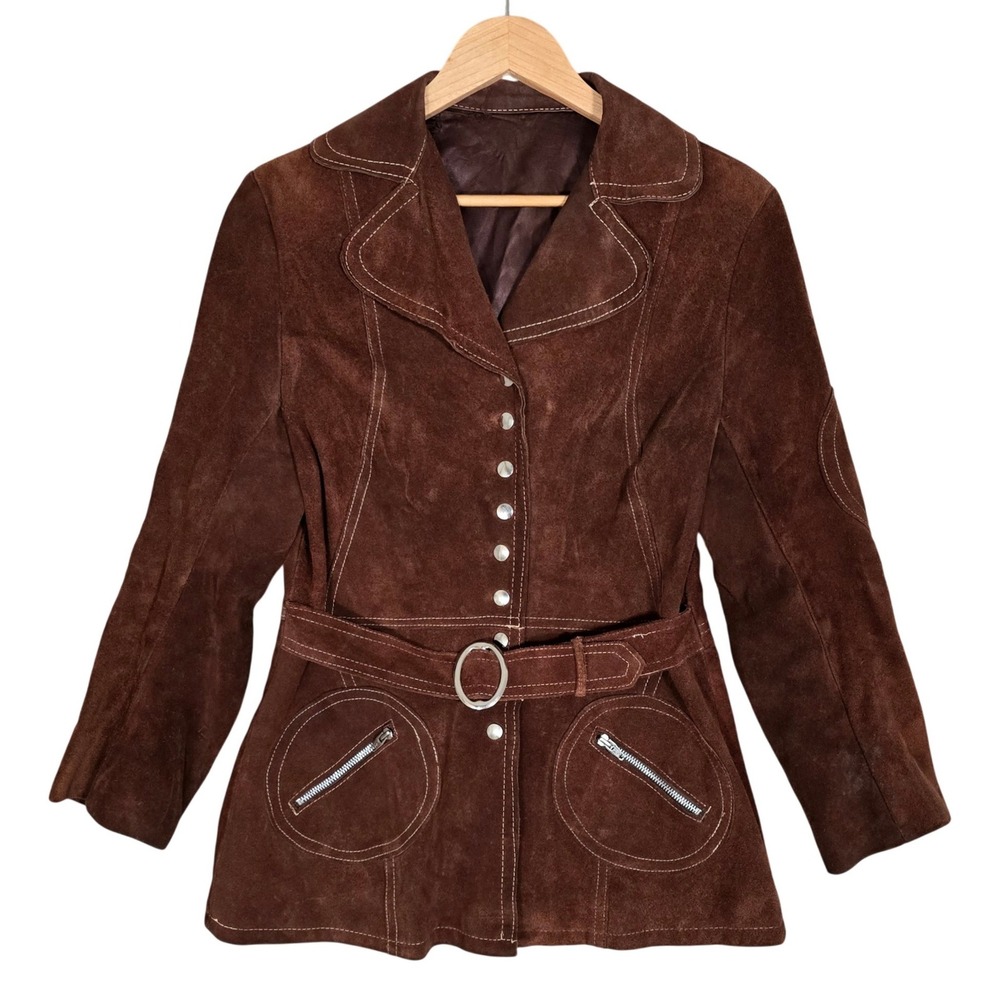 Vintage 70s Women's Brown Belted Suede Leather Jacket Front Snaps Lined Medium